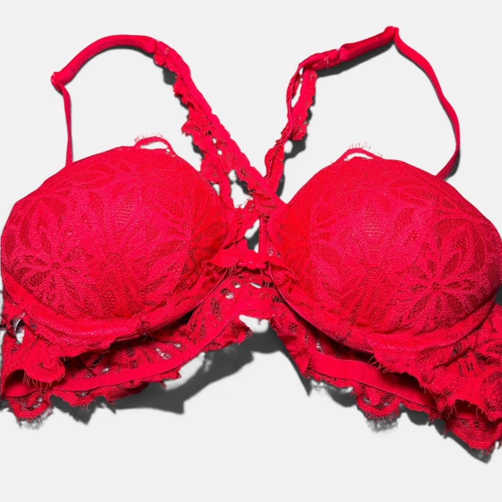 Victoria's Secret PINK Date Push Up Bra Red Lace Racerback Front Close 32B